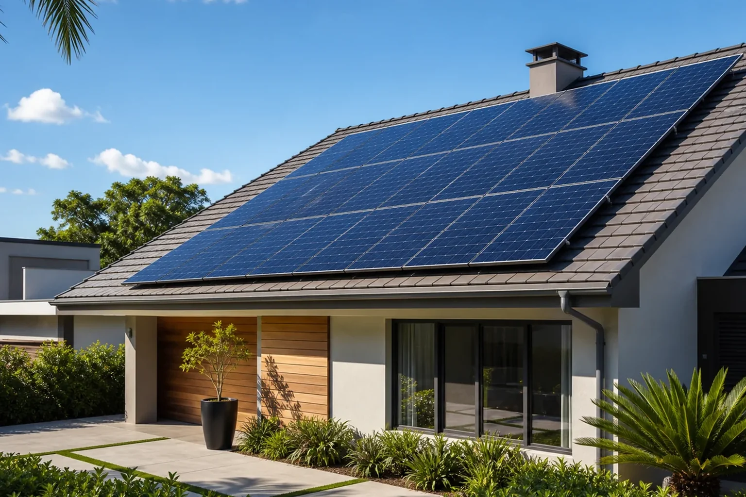Pain&eacute;is solares instalados sobre telhado residencial